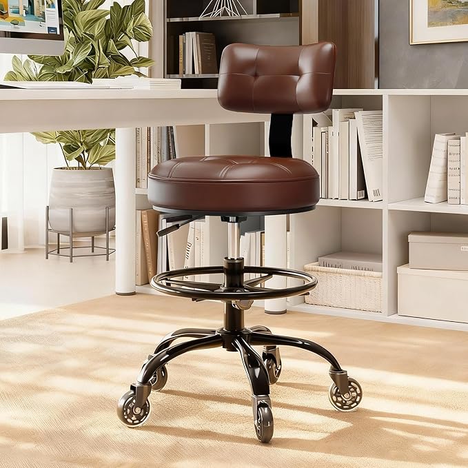 Office Drafting Chair with Footrest, Tall Height Adjustable Stool with Back Support, Heavy Duty Rolling Stool Chair with Wheels for Office Home Kitchen Bar Shop Guitar Studio Vanity, Brown