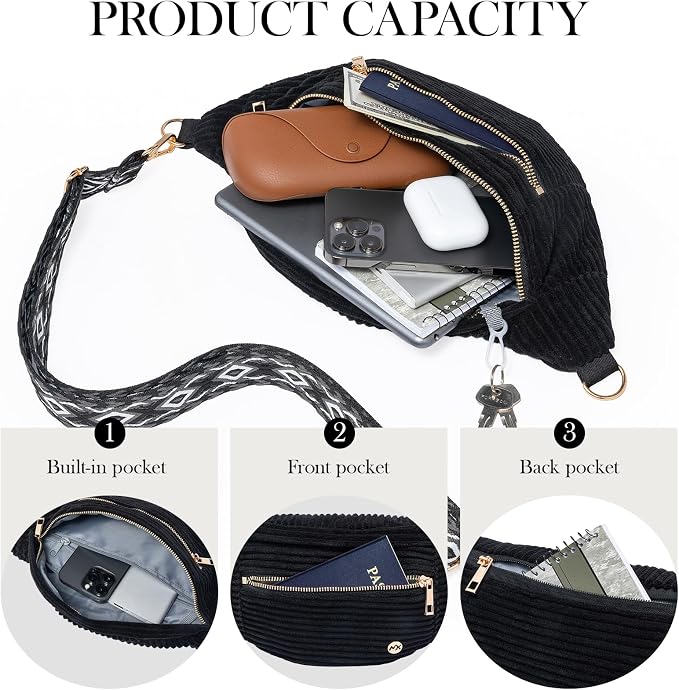Black Crossbody Bag Corduroy Fanny Pack Vintage Sling Bag with Gold Zipper | Geometric Wide Strap,Versatile,4-Zipper Pockets,Ideal for for Travel Casual Outdoors Shopping