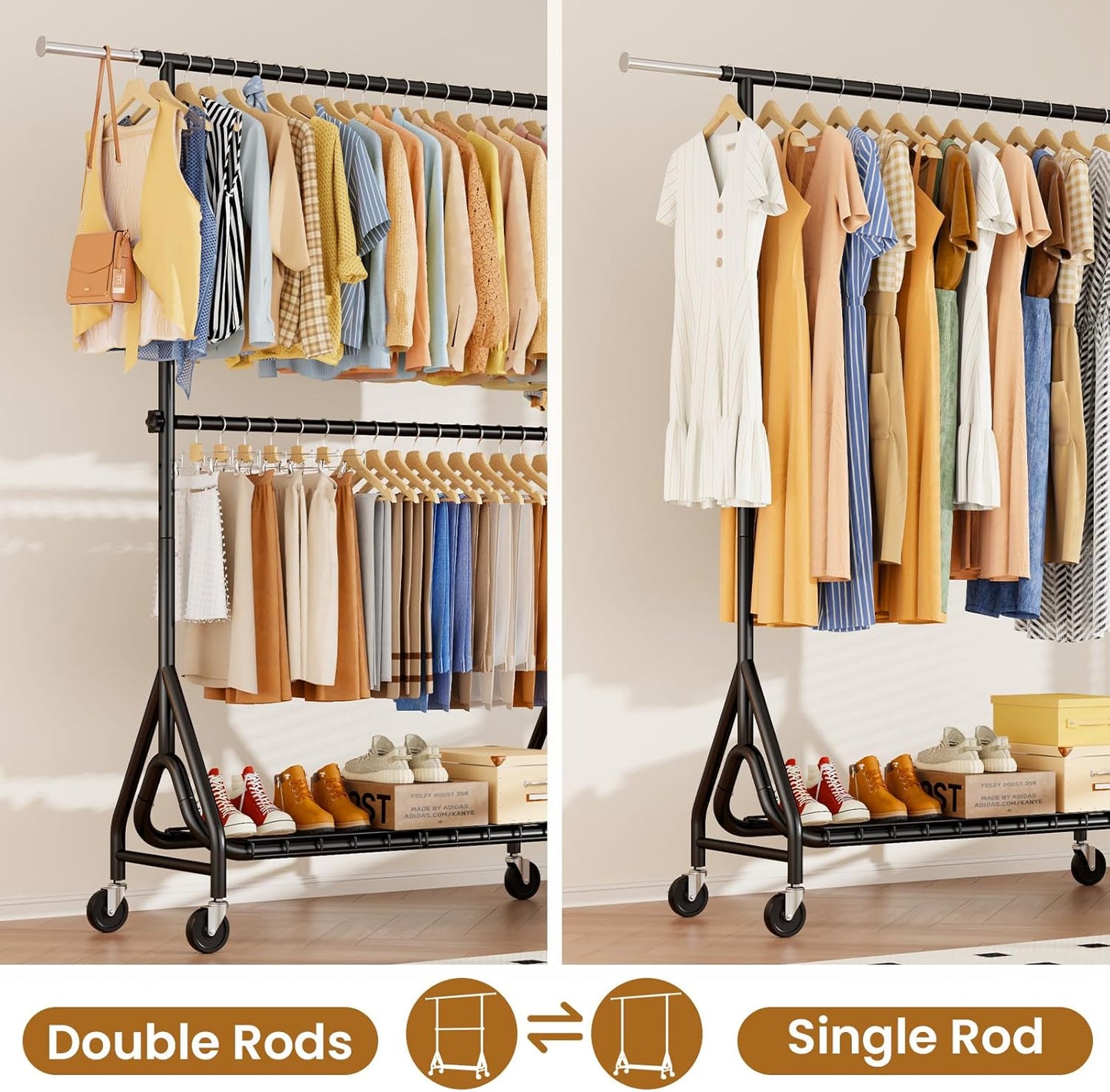 Heavy Duty Clothes Rack for Hanging Clothes, Double Rods Clothing Rack with Lockable Wheels, Rolling Garment Racks with Shelf, Easy to Assemble, Black