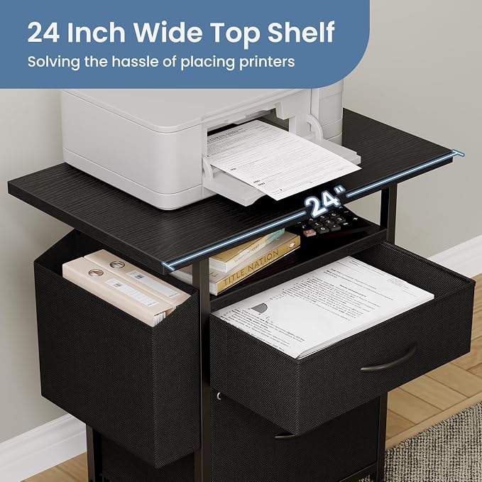 DUMOS 2 Drawer Mobile File Cabinet, Printer Stand with 24'' Wide Desktop | Fabric Drawer Cabinet Under Desk with Storage Side Bag,Rolling Printer Cart Not for Hanging Files for Home Office, Black