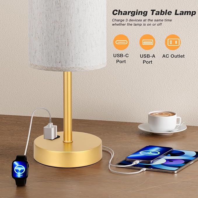 Touch Table Lamp - Cream, 3-Way Dimmable, USB A + C Charging, AC Outlet, 17.4inch Medium, Gold Metal Base