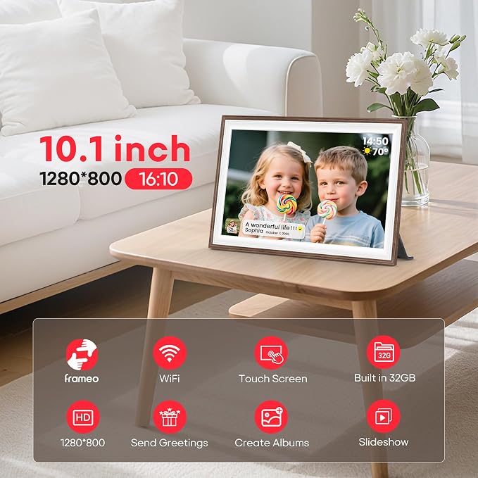 Frameo 10.1" Wood WiFi Digital Picture Frame with 32GB Memory, 1280 x 800 IPS HD Touch Screen Electronic Photo Frame, Auto-Rotate, Slideshow, Wall Mountable, Share Photos/Video Remotely Anywhere