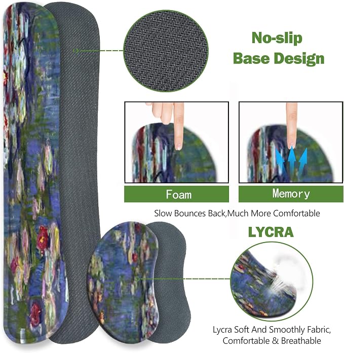 ToLuLu Extended Gaming Mouse Pad, Ergonomic Keyboard Mouse Wrist Rest Set | Large Desk Mat with Stitched Edges, Non-Slip Base Memory Foam Support Mousepad for Home Office Game, Monet Water Lilies