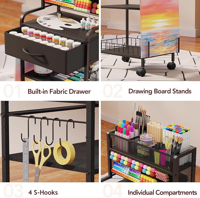 Art cart, 3 Tier Rolling Cart - Utility Cart with Storage Drawer and Wheels, Versatile Art & Craft Organizer for Home, Office, or Studio Ideal for Storing Brushes, Paints (Black)