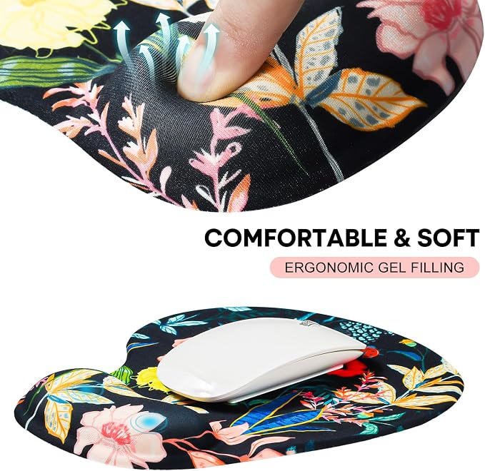 JIKIOU Ergonomic Mouse Pad with Gel Wrist Rest 2Pack, Portable Small Flower | Upgraded-Prevent Gel Leakage, Ergonomic Design for Pain Relief, Cooling Gel filled, Smooth Lycra Surface, Non-Slip PU Base