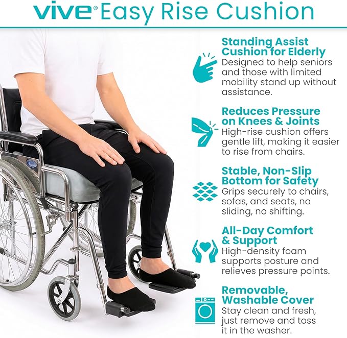 Vive Seat and Chair Cushion - Easy Rise for Elderly for Office, Wheelchair, Desk, Car & Couch - For Computer Use - Foam Sofa Pad With Cover - For Adults/Seniors - Relief for Back, Tailbone or Sciatica