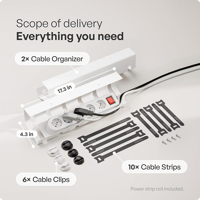 PAMO Cable Management Under Desk for Easy mounting Under-Table I Set of 2 - with 10X Cable Ties I Desk Organizer for Office/Home Office Table Thoughtful Cable Tray Holder | Includes 10 x cable holders, cable clips & screws, easy installation - made of ...