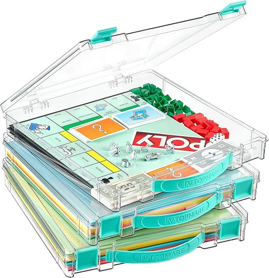 Vtopmart 3 Pack Board Game Storage with Handle and Snap-Tight Latch Lid, Craft Organizer Fit 12" x 12" Papers, Stackable Clear Storage Box for Scrapbook Storage, Art Supply Storage, Puzzle Storage