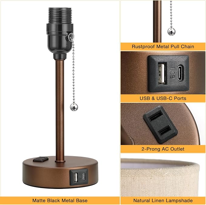 Small Bedside Table Lamp for Bedroom, Desk Lamp with USB Ports for Dorm | USB A+C Ports, AC Outlet, 3 Color Temperatures, LED Bulb Included, Beige Fabric Shade, Coffee Base, 14" Night Stand Lamp