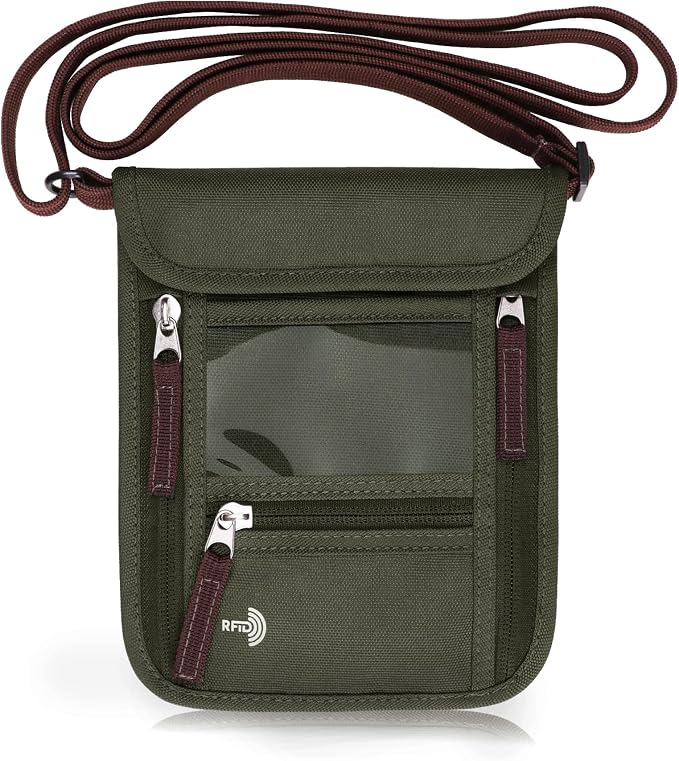 WALNEW Passport Holder Neck Pouch Travel Wallet for Women and Men, RFID Blocking Security Slim Traveling Wallet with Around Neck Lanyard Strap, Army Green | Around Neck Lanyard Strap, Travel Safety Anti Theft Bag, Neck Wallet for Traveling Women Men