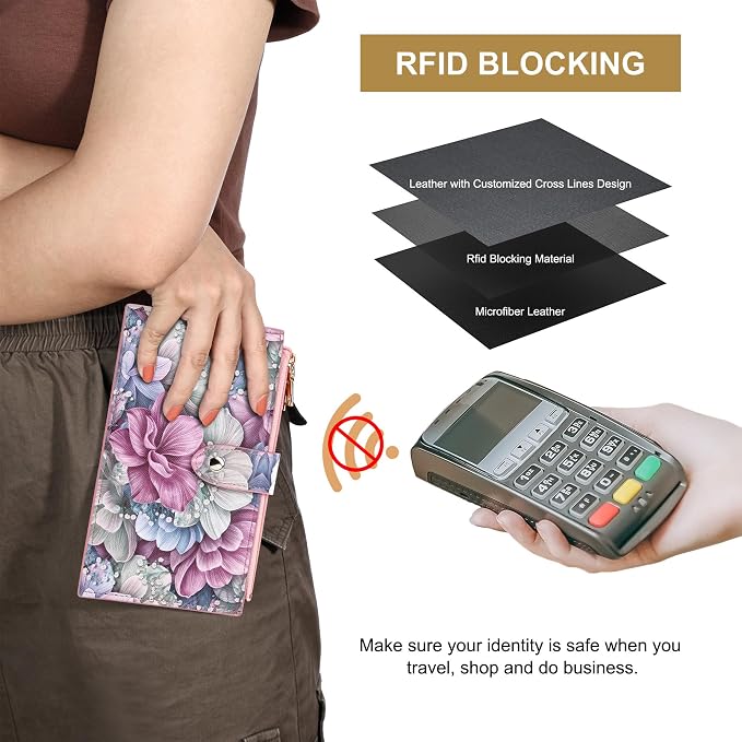 Travelambo RFID Wallet Women Large Size Bifold Multi Card Wallet Case with Zipper Pocke Credit Card Holder for Women