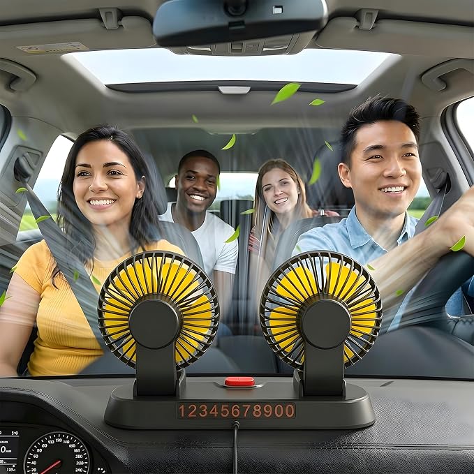 Dual Head 12V Car Fan for SUV Truck RV with No AC,Adjustable Car Cool Fan, Dual Head Design, 2-speed Adjustable, 360° Rotating Portable Car Fan,Powered by Cigarette Lighter