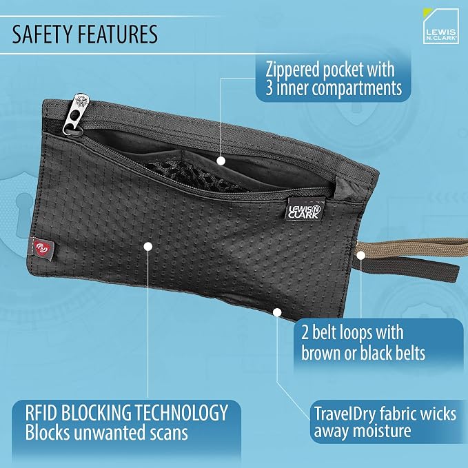 Lewis N. Clark RFID Blocking Money Belt Travel Pouch + Credit Card, ID, Passport Holder for Women & Men, Black, One Size
