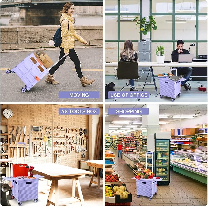 FELICON SELORSS Folding Utility Cart Portable Rolling Crate Handcart-Purple | Magnetic Sliding Lid,Telescoping Handle,Plastic Box Dolly,360°Swivel Wheels for Travel Shop Move Laundry Office Teacher Use