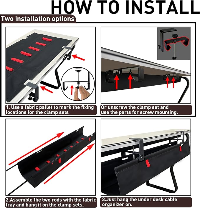 Under Desk Cable Management Tray – No Drill, 28" L x 6" W, Non-Scratch Silicone Clamps, 16 Cable Slots, Washable Honeycomb Base,Beige