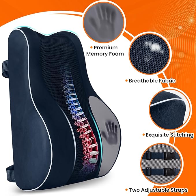 CloudBliss XL Lumbar Support Pillow, Memory Foam for Office Chair, Blue | Ergonomic High-Density Memory Foam, Adjustable Straps, Washable Mesh Cover, Lower Back Support for Office, Gaming & Car Seat