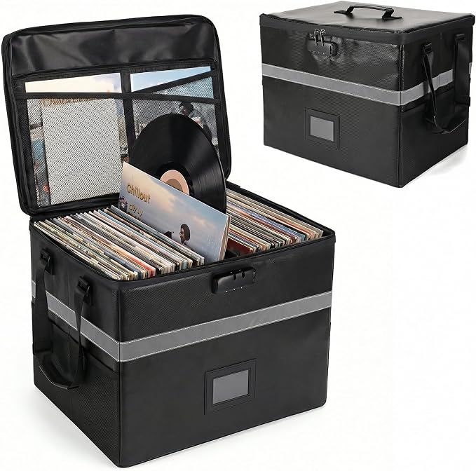Calenzana Vinyl Record Storage Box with Lock, Fireproof Water Resistant Record Organizer for 150+ Single Records 12-inch, Collapsible Crate Box for Valuable Album, 16.7'' x 13.2'' x 13.4''