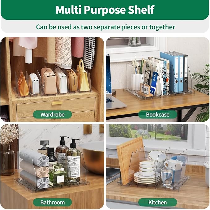 SPACEKEEPER Adjustable Shelf Divider for Closet, 2 Pack Clear Purse Organizers for Closet Acrylic Handbag Separators Storage Organizer Bookshelf Separator Dividers in Bedroom, Office