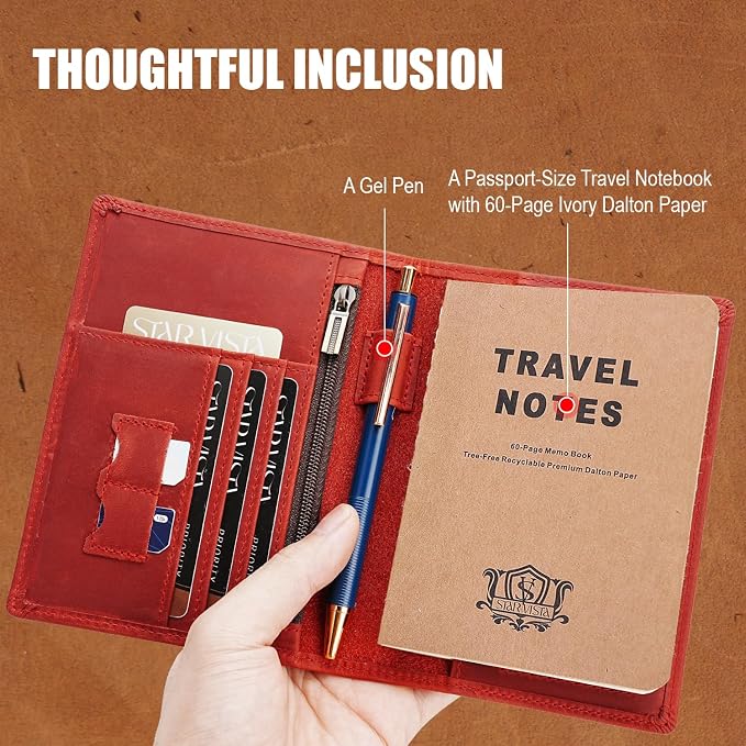 STAR VISTA Phoenix Leather Passport Holder, Full Grain Leather Travel Wallet - Slim, Bifold, RFID Blocking, ID Window, Coin Pocket, Card Slots, SIM Slots, AirTag Holder, Red