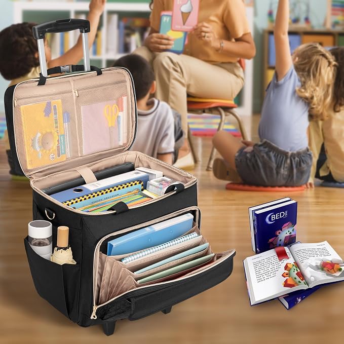 LUXJA Rolling Teacher Bag with Wheels and 15.6" Laptop Compartment, Black | Rolling Briefcase for Women with Accordion File Area, Teacher Tote Bag for Work with Detachable Dolly and Shoulder Strap