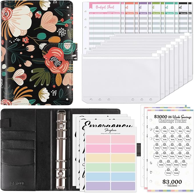 SKYDUE Budget Binder with 8Pcs Cash Envelopes, 12Pcs Expense Budget Sheets, 2Pcs Challenge Trackers, and Category Labels - Budget Binder & Challenges Book Combo for Saving Money