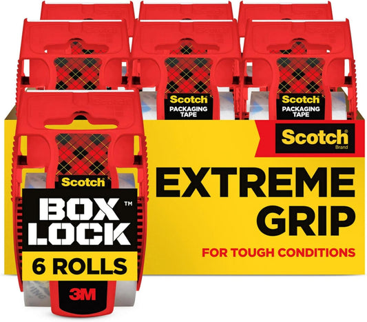Scotch Box Lock Packing Tape, Clear Packaging Tape, Extreme Grip Box Tape for Holiday Shipping, 1.88 in. x 22.2 yd., 6 Tape Rolls with Dispensers