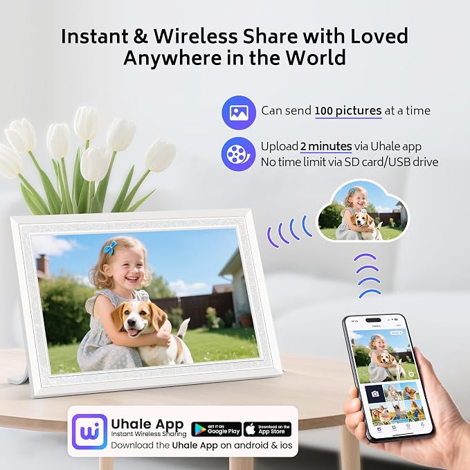 Uhale 10.1 Inch Digital Picture Frame 32GB Momery White WiFi Electronic Photo Frame IPS HD Touch Screen Display Share Photos/Videos Instantly Anywhere Gifts for Mom Dad Grandparents