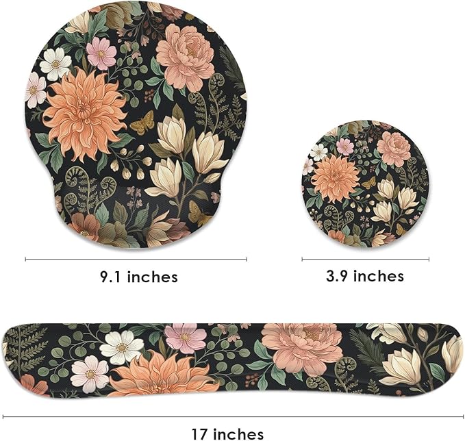 Ergonomic Mouse Pad Set with Wrist Rest, Floral Flower | Leaves Colorful Non-Slip Rubber Base Wrist Cushion Support and Coasters Mousepad with Wrist Support for Computer Keyboard