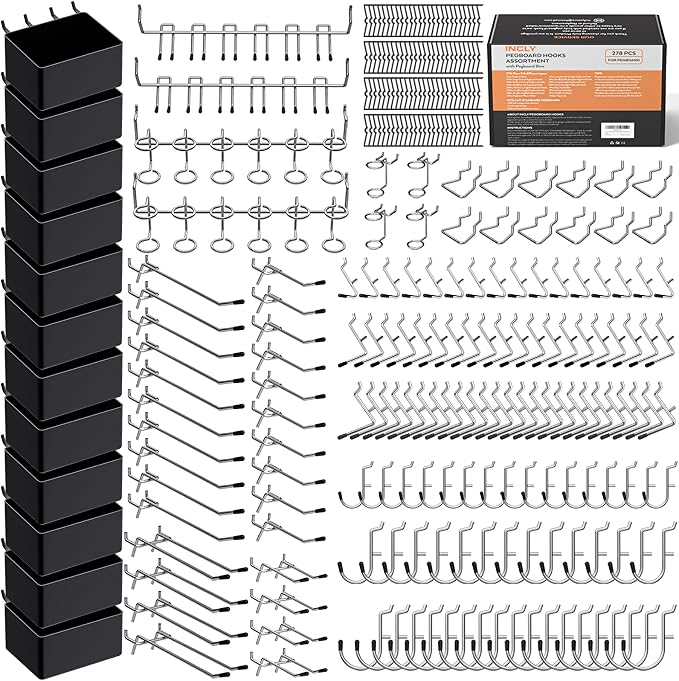 INCLY 278PCS Pegboard Accessories Organizer Kit with Peg Borad Hooks & Bins | Peg Board Hooks Assortment, For Organizing Various Tools, Fit 1/8 or 1/4 inch Pegboard, For Garage Hanging & Storage Tools