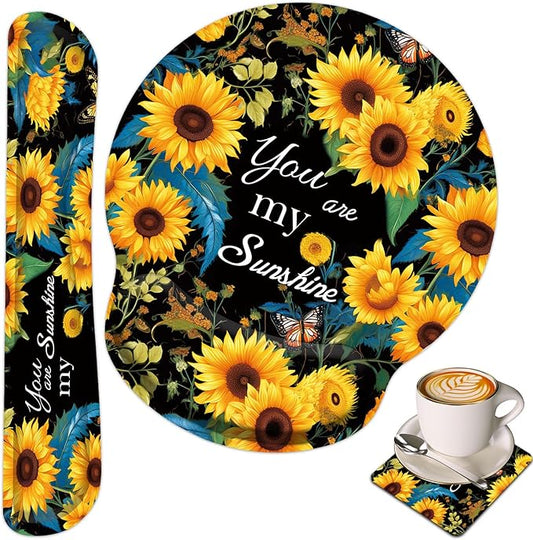 Keyboard Wrist Rest and Mouse Wrist Rest Pad with Cup Coaster,Made of Memory Foam,Ergonomic Support,Easy-Typing and Pain Relief,for Gaming Office Home Computer,You are My Sunshine Sunflower