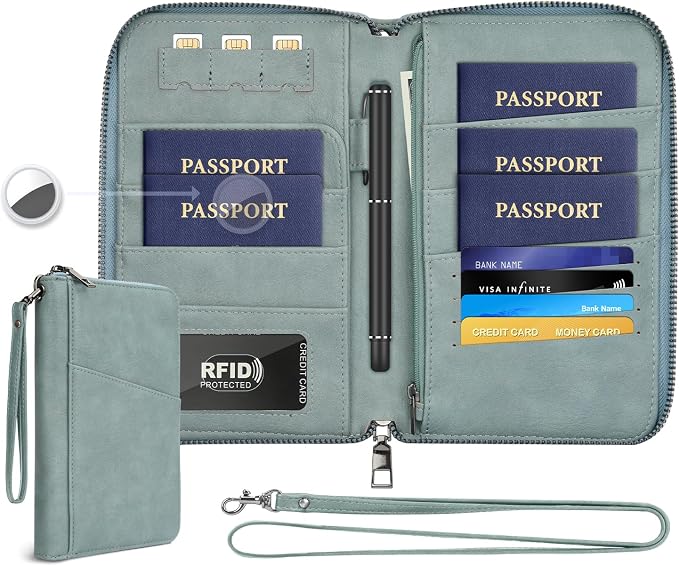 Family Passport Wallet, RFID Travel Document Organizer for Women Men, Portable Passport Holder with Wrist & Neck Strap, Travel Essentials Gifts (Misty Blue, 1pack)