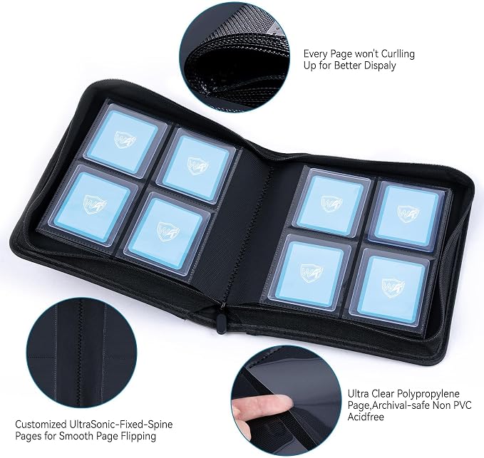 4 Pocket Top Loader Binder with Clear Window, Holds 160 Cards in 3"x 4" Toploaders, Side Loading, for Sports, Anime, MTG, TCG Card Collection, Gray-Black