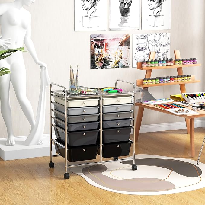 COSTWAY 12-Drawer Rolling Storage Cart, Moveable Art Craft Organizer | Lockable Wheels, Metal Shelf, Files Arrangement Tools Makeup Storage Cart for Office, Home, School (Mixed Black)
