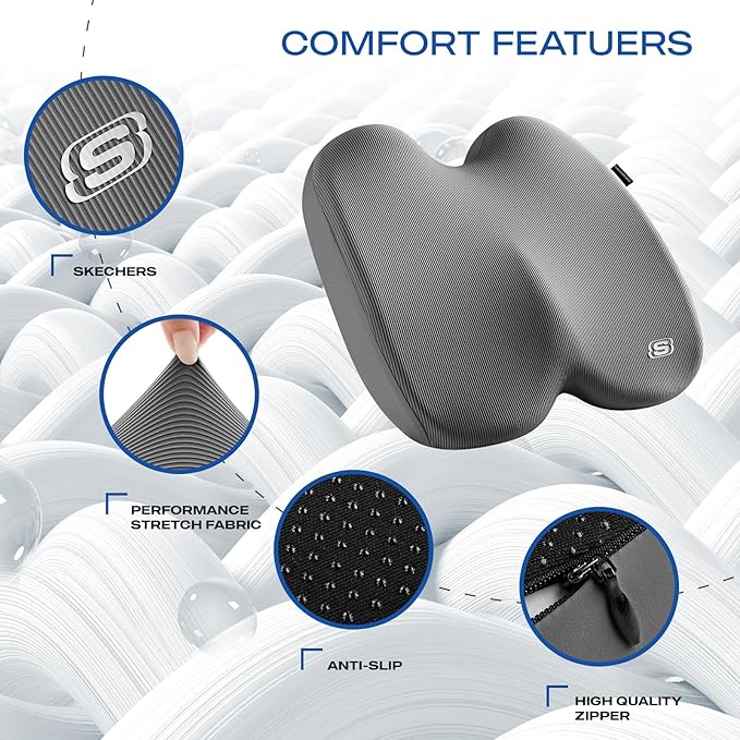 Skechers Seat Cushion, Ergonomic Memory Foam Cushion for Long Sitting Hours on Office & Home Chair, Car Seat Cushion for Sciatica, Coccyx Cushion,Gray