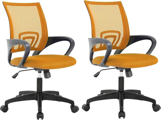 BestOffice | Ergonomic Office Chair | Mid-Back Swivel Desk Chair | Breathable Backrest & Lumbar Support | Adjustable Height | Sponge Seat | Rolling Wheels | Orange | for Adults & Women | Pack of 2