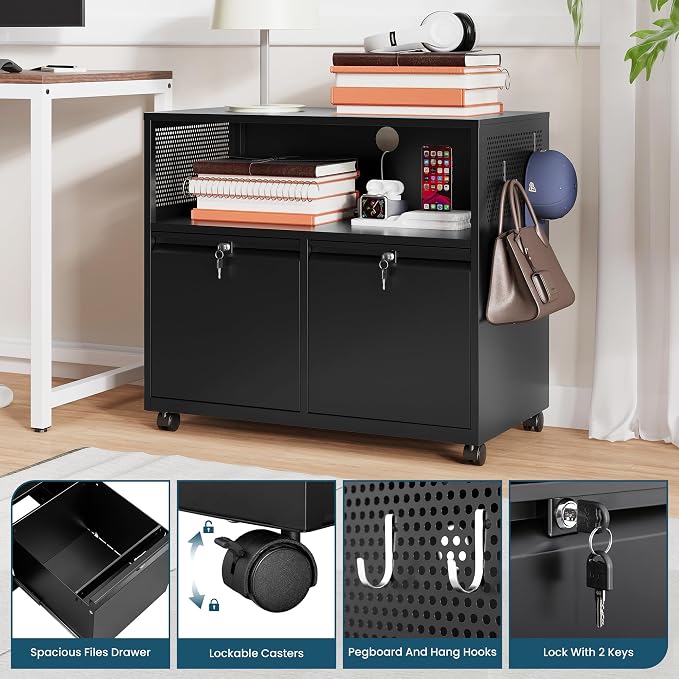 MIIIKO File Cabinet with Storage 2 Drawers, Rolling File Cabinet for Home Office, Metal Black 2 Drawers Storage with Shelf, for Printer, Letter A4 File Organizer