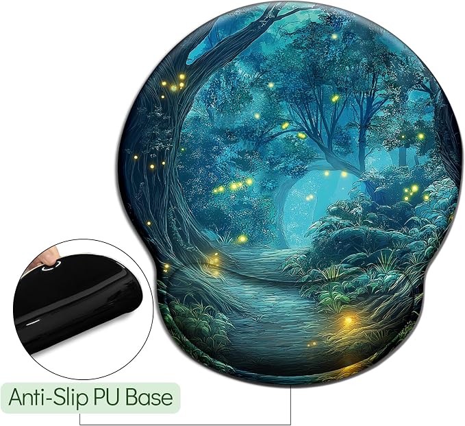LIMKRIAN Firefly Forest Ergonomic Mouse Pad with Wrist Rest, 9.8 x 8.6in | Comfort Gel Wrist Support Pain Relief, Non-Slip PU Base, Smooth Surface, Mousepad for Computer Office Desk Accessories Decor