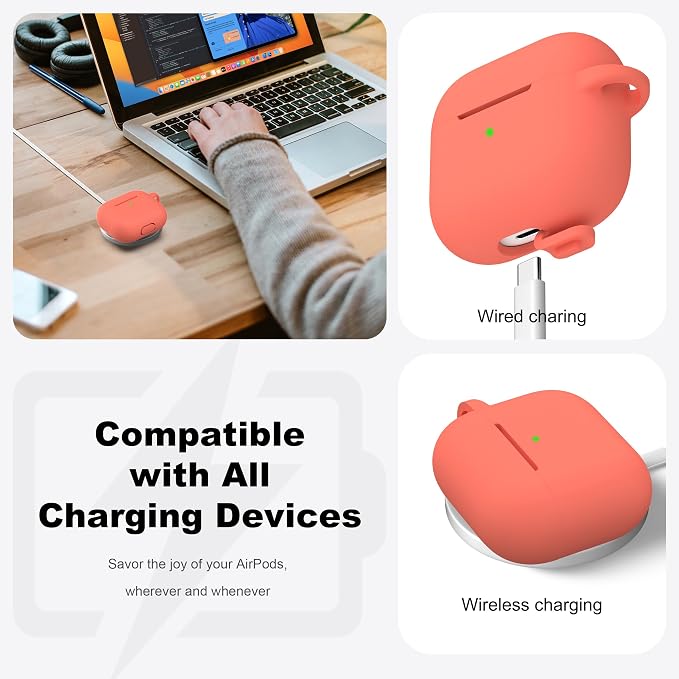 Compatible with AirPods 3 Case Cover, Silicone Protective Accessories Skin with Keychain Compatible with Apple AirPod 3rd Generation 2021 for Women Men Girls Boys,Front LED Visible,Peach Pink