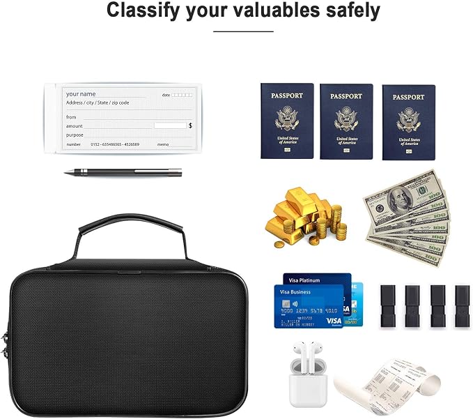 ENGPOW Small Fireproof Storage Organizer Case with Lock, 9”x 5.3”x 3.7” | Money Safe Wallet Carrying Bag with Multi-Pocket, Portable Home Travel for Cash,Card,Passport,Coin,Check,Bill,Soft Box,Black