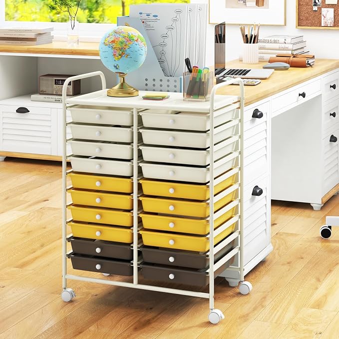 RELAX4LIFE 20 Drawer Rolling Storage Cart, Mobile Rolling Cart w/Drawers for School Classroom Teacher Office Home Salon, Paper File Art Supply Craft Organizer, Utility Cart on Wheels (Yellow)