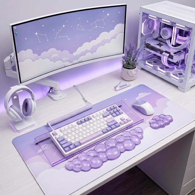 Acrylic Computer Keyboard Stand with Gel Cloud Wrist Rest Keyboard Riser with Comfortable Clear Silicone Mouse Wrist Pad Ergonomic Tilted Transparent Keyboard Holder for Desktop Office Purple