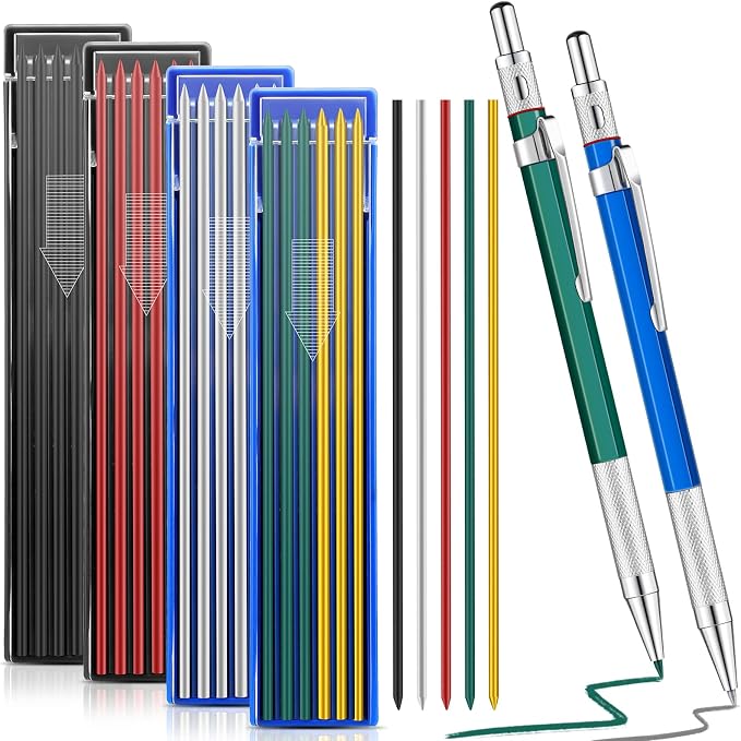 Gersoniel 2 Pcs Welders Pencil with 48 PCS Round Refills Mechanical Pencils Metal Welding Marker for Tube Pipe Fitter Welder Steel Construction Woodworking (Silver, Black, Red, Yellow, Green)