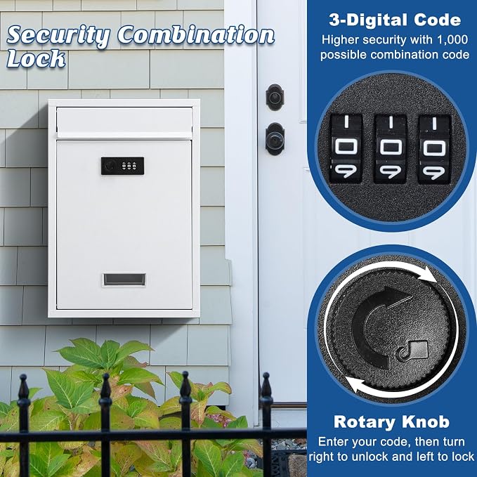 KYODOLED Locking Wall Mount Mailbox with Combination Lock, White | Heavy-Duty Steel, Secure Drop Box for Mail, Cash & Keys, Weather Resistant, Home, Office & School Use, 12.4 x 8.54 x 3.35 In