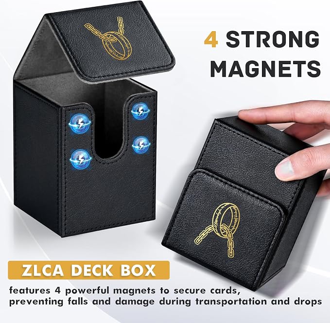 ZLCA Card Deck Box for MTG with 2 Dividers, Card Storage Box Fits 100+ Single Sleeved, PU Leather TCG Deck Case Holder for Magic Commander Yugioh (Black,Ring)
