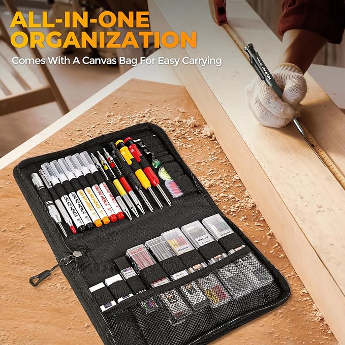 Nicpro 39 Pack Carpenter Pencil Set with Sharpener, Canvas Case | 102 Refill,Carpenter Pencil Set with 6 Deep Hole Long Nib Marker Pen, Scribe Tool, Construction Pencils for Architect Marking