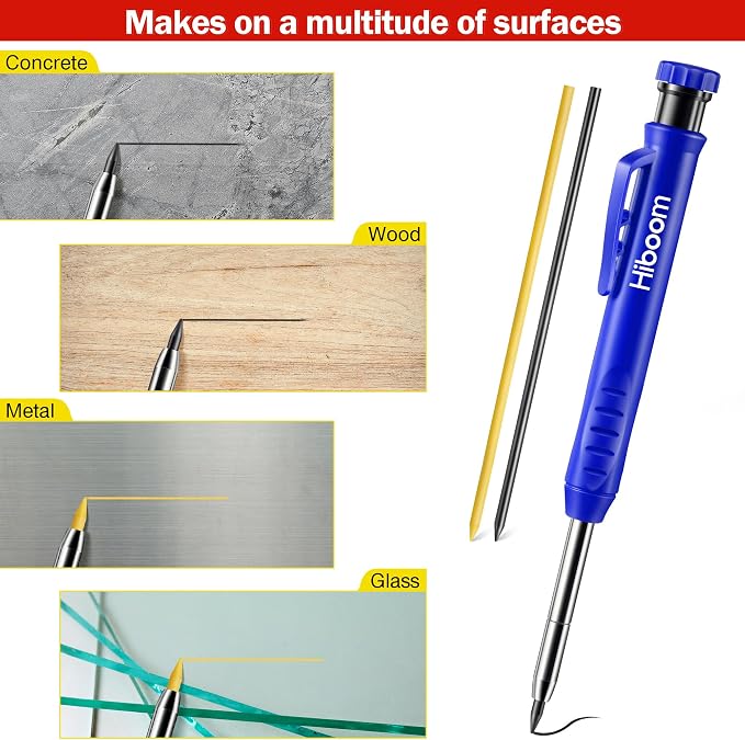 Hiboom Mechanical Carpenter Pencil with 7 Leads, Deep Hole Marker, Blue | Built-In Sharpener, Long Nose Construction Pencil, Pocket Clip Design, Woodworking Tools, Marks on Various Surfaces