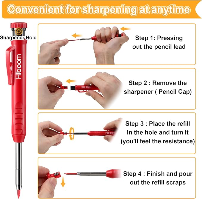 4 Pack Carpenter Pencil with 24 Refills Built In Sharpener,Multi Colors | Concrete Wood Metal, Deep Marking, Multi-Color Refills, 2.8mm Lead, Construction Work, Waterproof, Carpenter Builder DIY