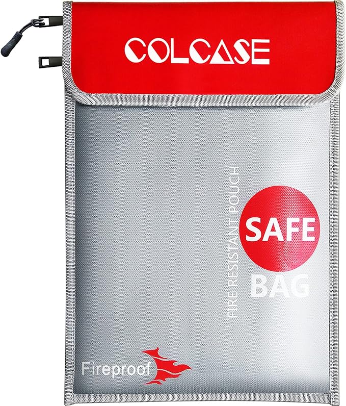 COLCASE Fireproof Document Bag 2 Pockets Fireproof and Waterproof Bag | 2000 ℉ 15 x 11 Inches Silicone Coated Fiberglass Fireproof Bag Silver
