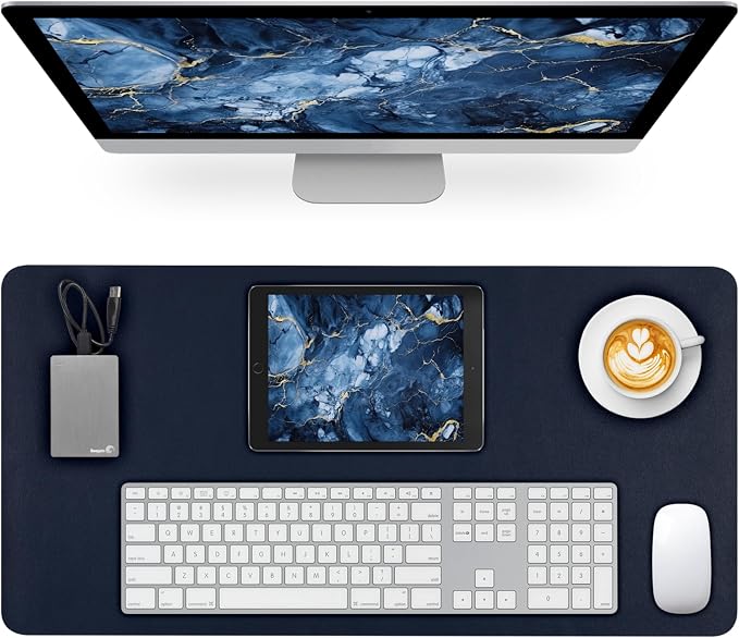 Leather Desk Pad Mat, Navy Blue Desk Mat, 23.6" x 13.7" | Non-slip and Waterproof Computer Mat, Desk Protector for Office/Home, Desk Accessories