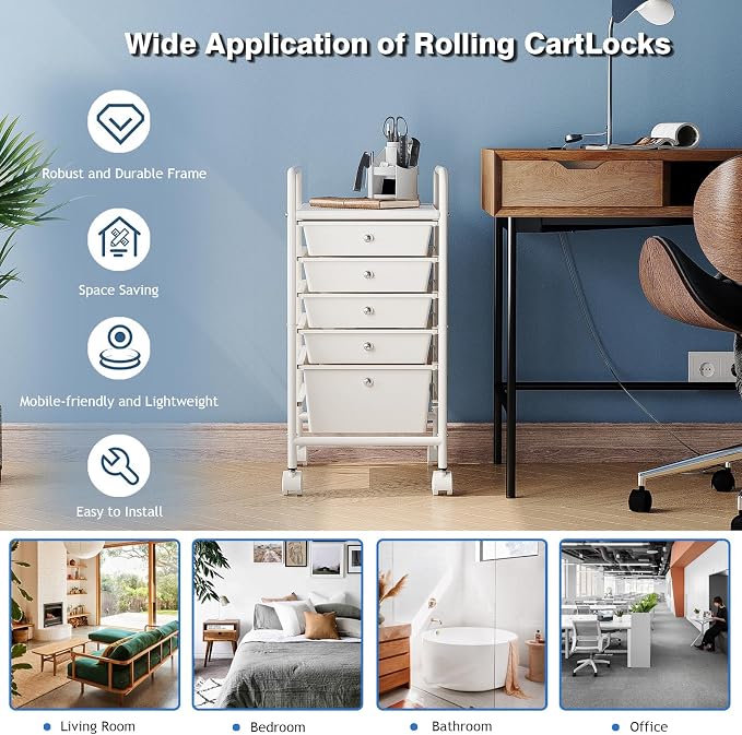Rolling Storage Cart with Drawers 5-Tier Lock Wheels Office White | Utility Cart with 5 Drawers & 2 Lockable Caster, Multipurpose Mobile Drawer Cart for School Bathroom Kitchen